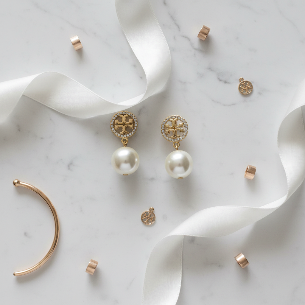 Tory Burch Miller Pavé Pearl Drop Earrings on white marble flat lay