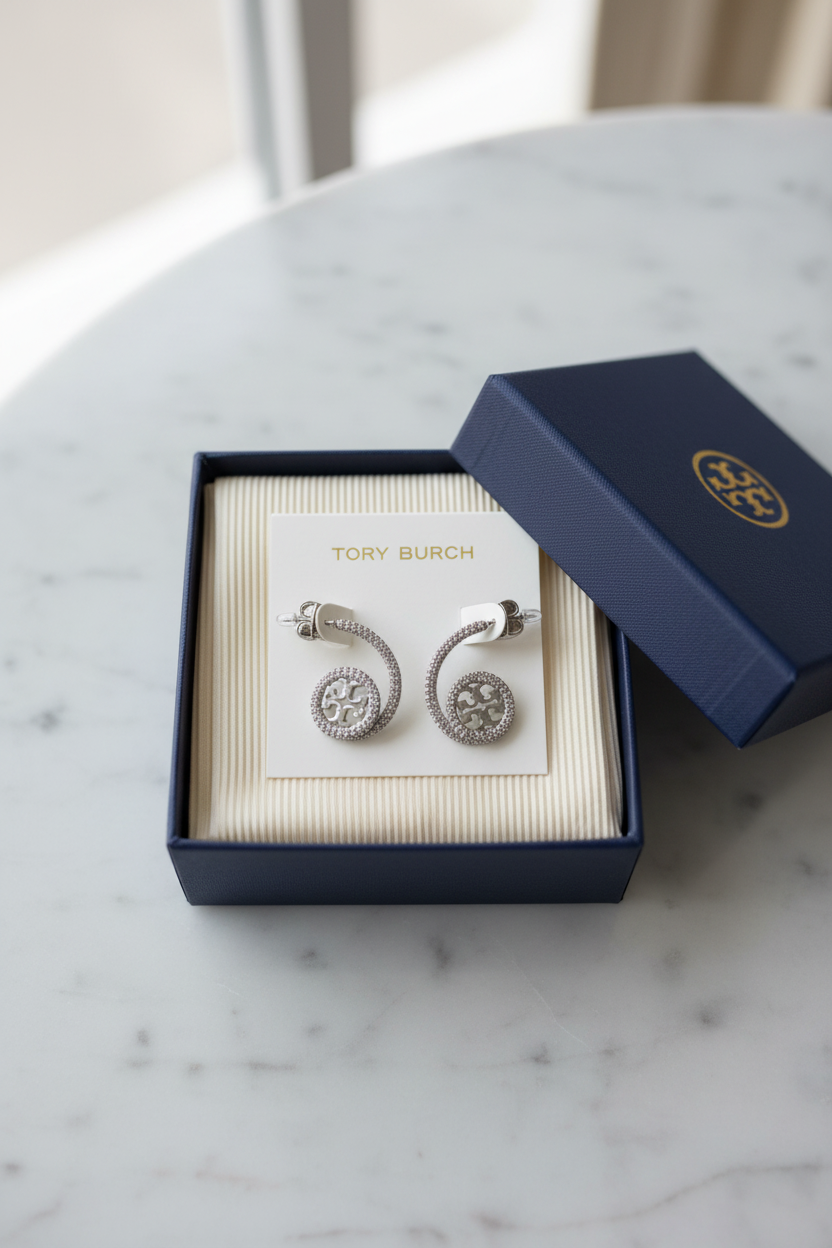 Tory Burch Logo Ear Climber Earrings in gift box