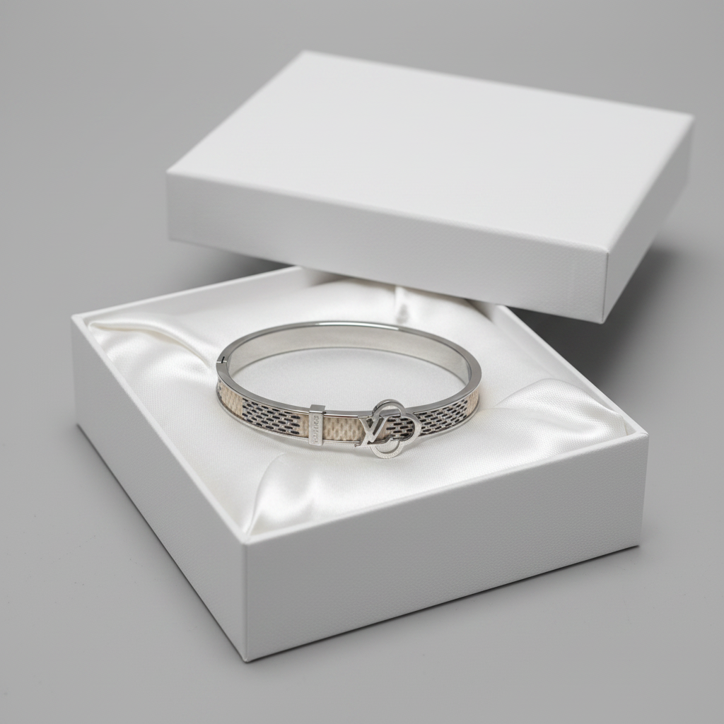 LV Damier Azur silver bangle bracelet in luxury white gift box