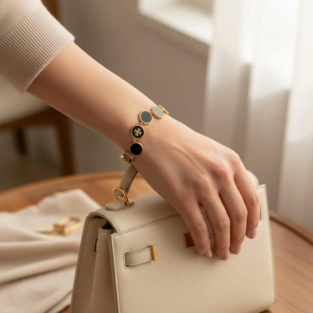 Tory Burch Black Enamel Circle Bracelet worn on wrist, warm elegant lighting