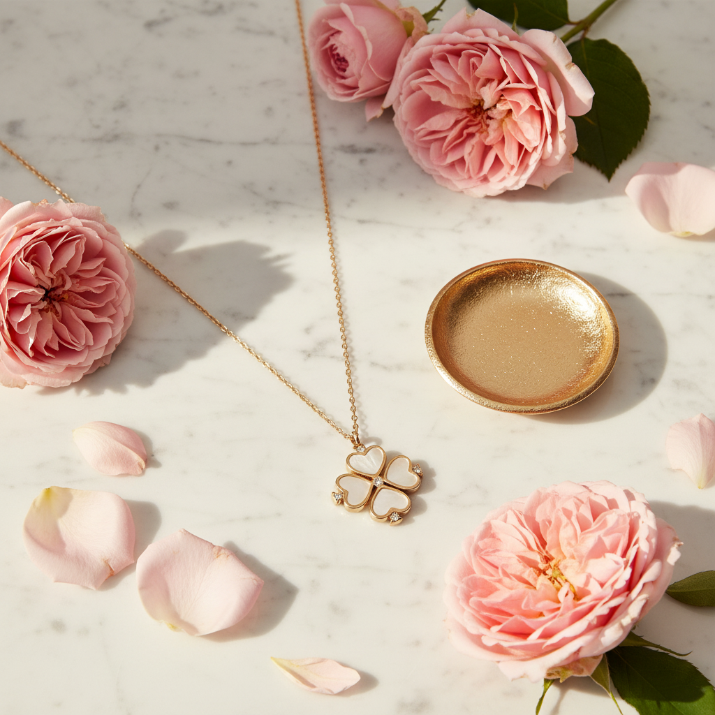 Kate Spade Legacy Logo Clover Pendant Necklace - marble flatlay lifestyle