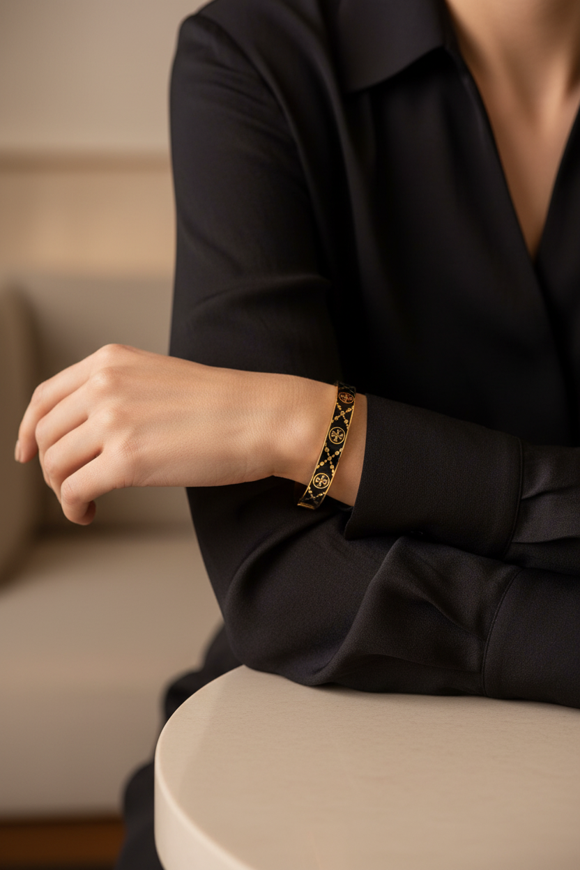 Tory Burch Double T Monogram Hinge Bangle - lifestyle worn editorial