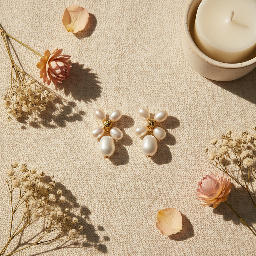 Tory Burch freshwater pearl drop earrings styled with flowers and candle