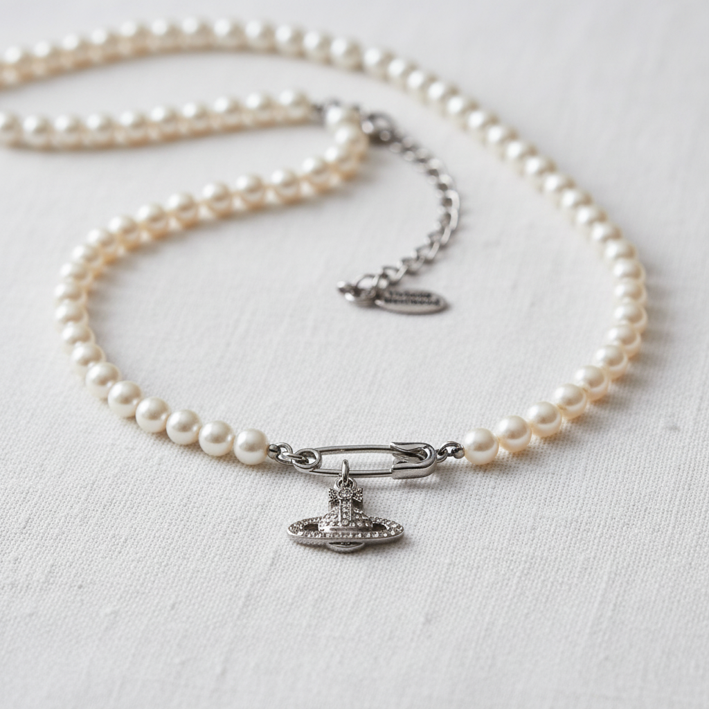 Vivienne Westwood Lucrece Faux Pearl Necklace - white linen lifestyle