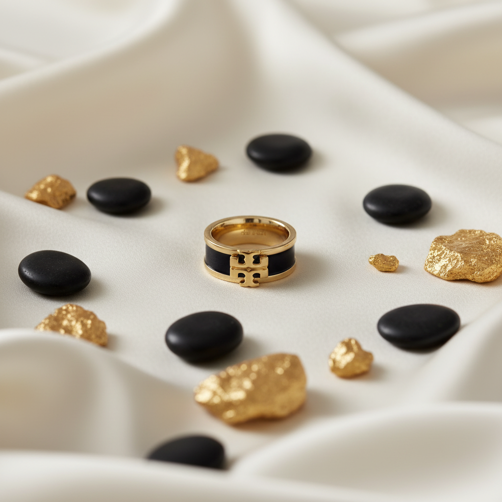 Tory Burch Kira Black & Gold Enamel Ring - ivory silk flat lay