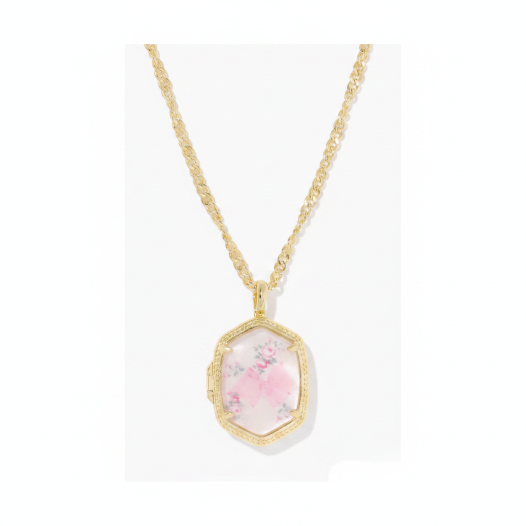 Kendra Scott x LoveShackFancy Daphne Gold Locket Necklace in Marie Pink Blooming Heirloom Illusion – clean product shot