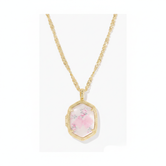 Kendra Scott x LoveShackFancy Daphne Gold Locket Necklace in Marie Pink Blooming Heirloom Illusion – clean product shot