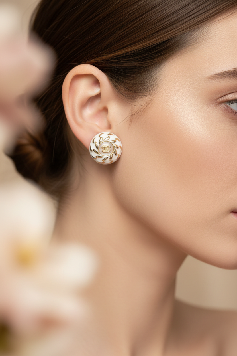 Chanel CC Logo Pearl White Resin and Gold Earrings close-up on ear