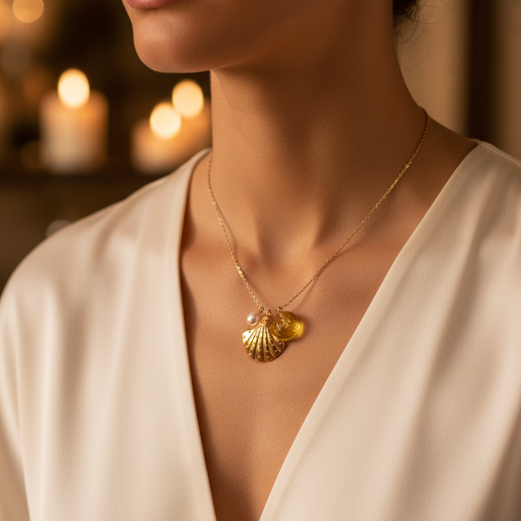 Tory Burch Sea of Dreams Shell Pendant Necklace - close-up neckline