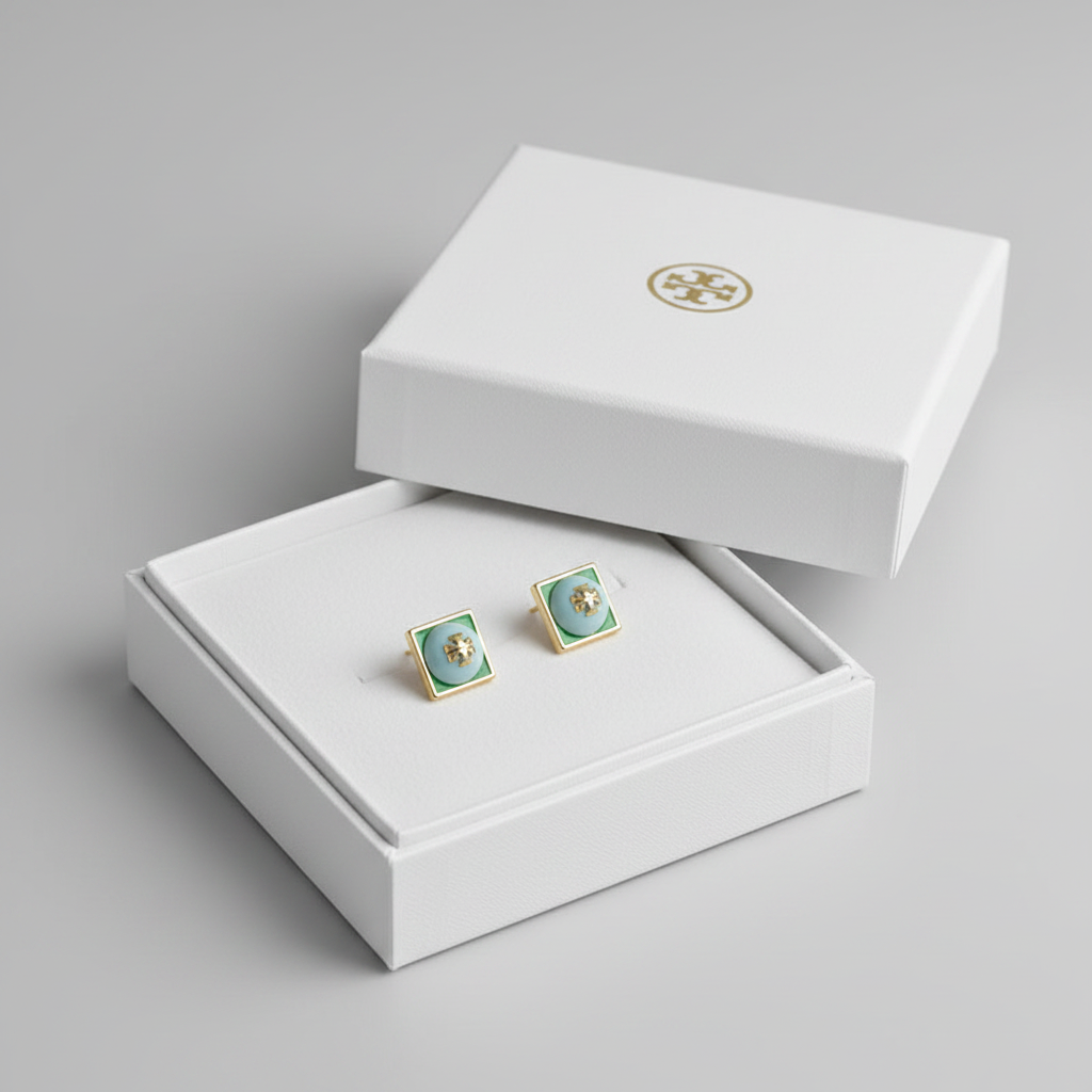 Tory Burch Kira enamel button stud earrings in luxury white gift box