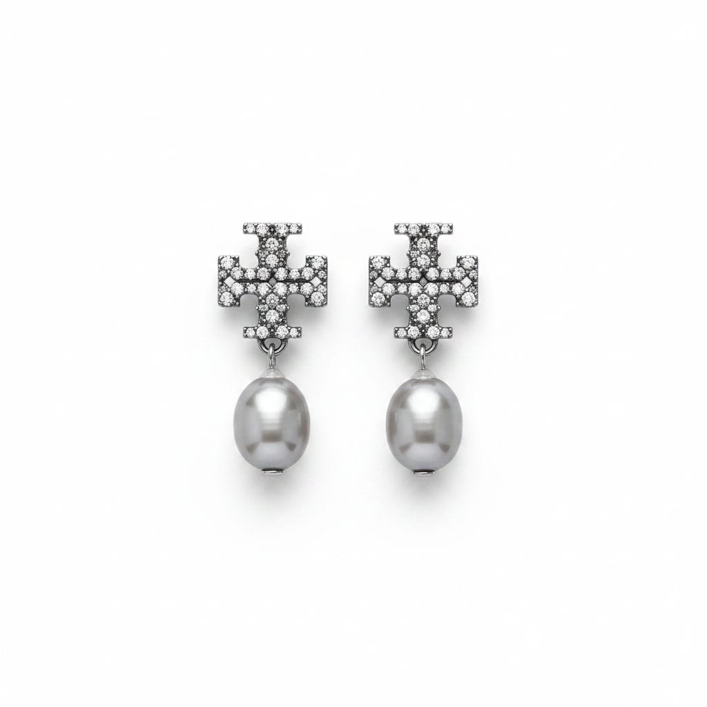 Tory Burch Kira Pavé Pearl Gray Drop Earrings