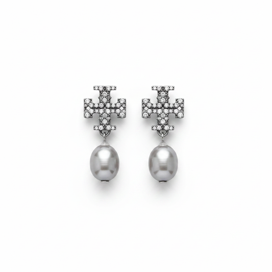 Tory Burch Kira Pavé Pearl Gray Drop Earrings
