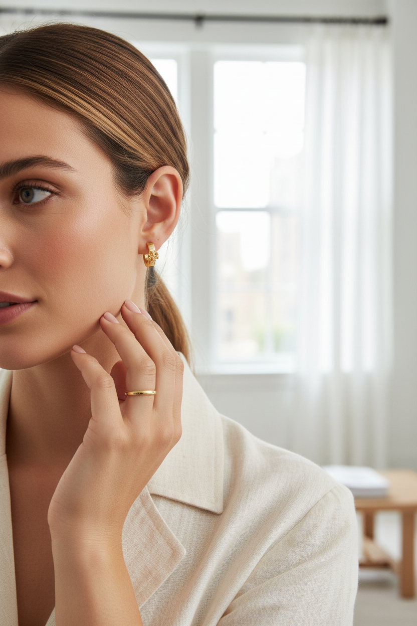 Tory Burch Icon Huggie Earrings worn editorial