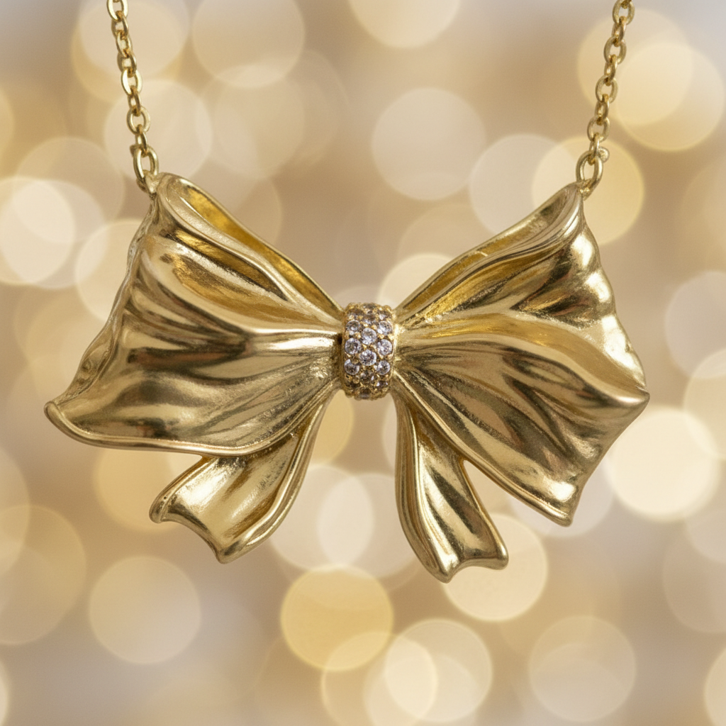 Kendra Scott Gold Bow Necklace - crystal close-up