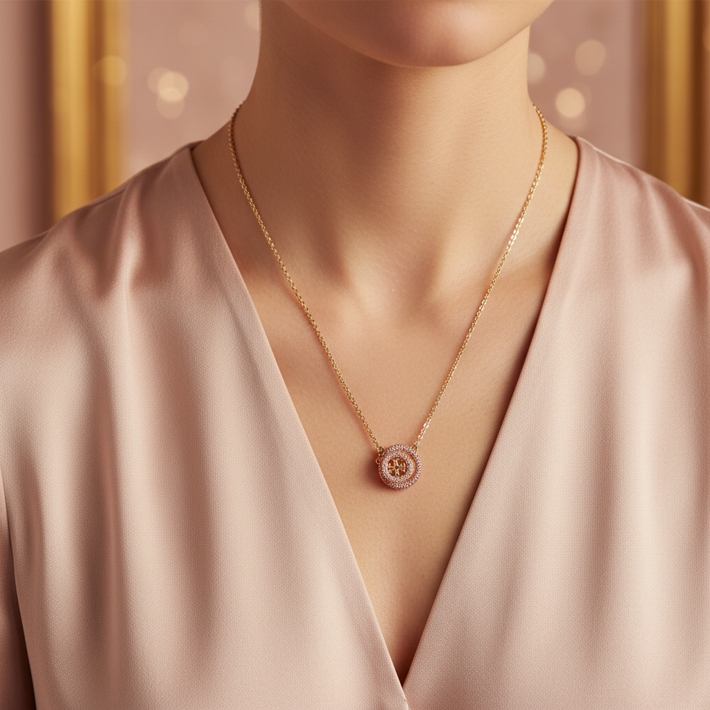 Tory Burch Miller Pink Pave Pendant Necklace worn on neckline against blush silk