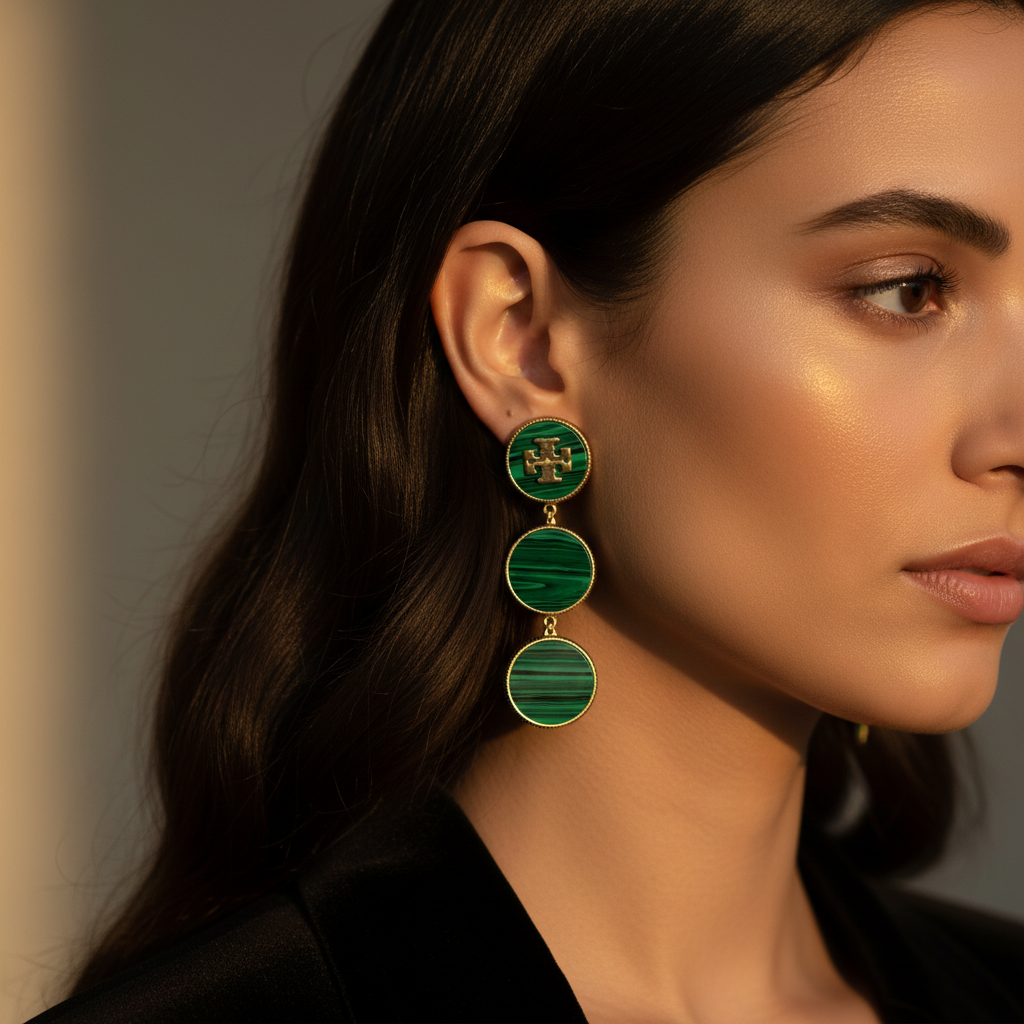 Tory Burch Malachite Dangle Earrings worn on ear against dark hair