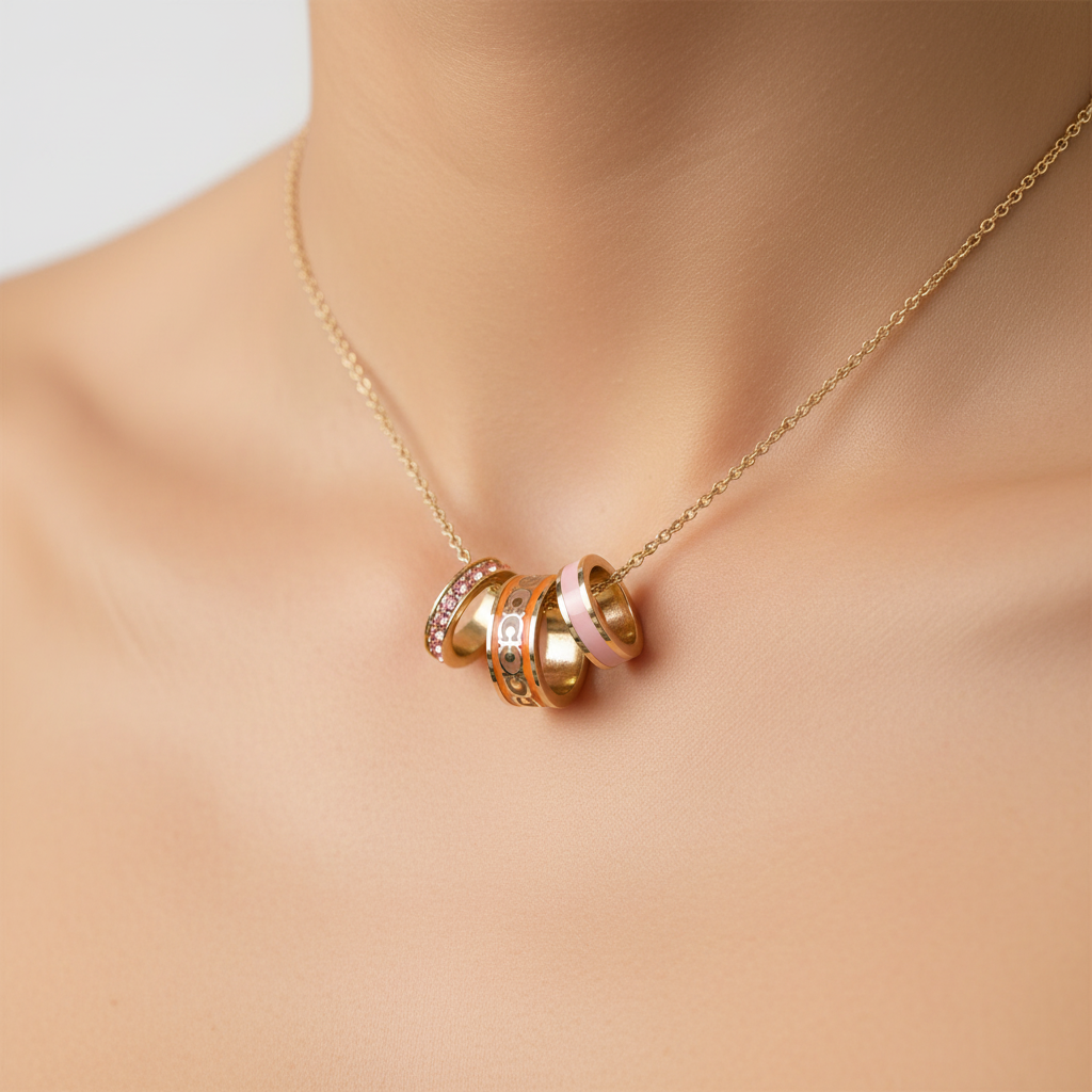 Coach Rondell enamel charm necklace collarbone close-up