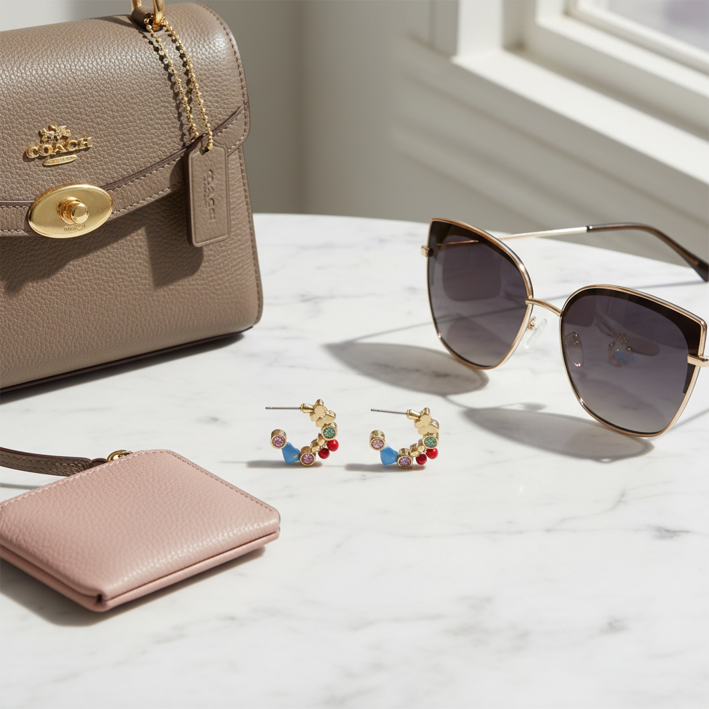 Coach Huggie Earrings on marble surface with handbag and sunglasses
