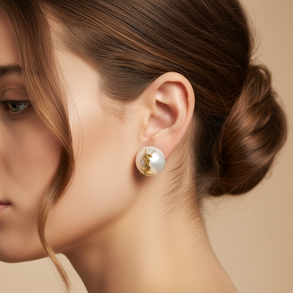 YSL Pearl Logo Stud Earrings - Worn on Model