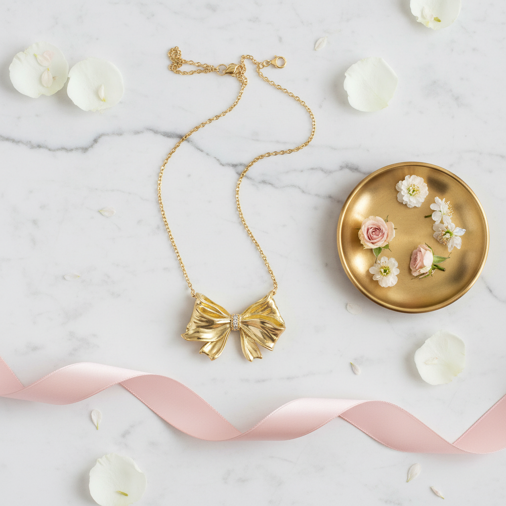 Kendra Scott Gold Bow Necklace - marble flat lay