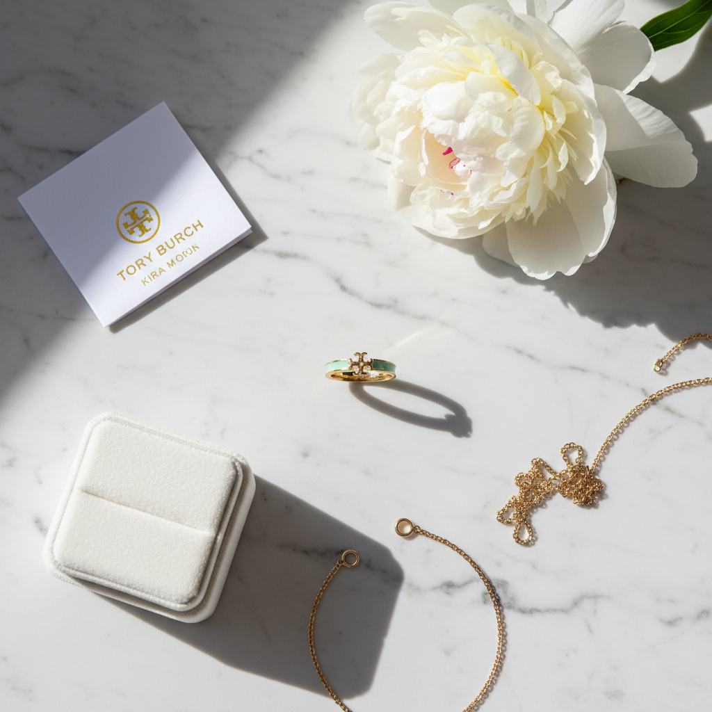 Tory Burch Kira Enamel Ring in Gold and Mint - white marble flat lay
