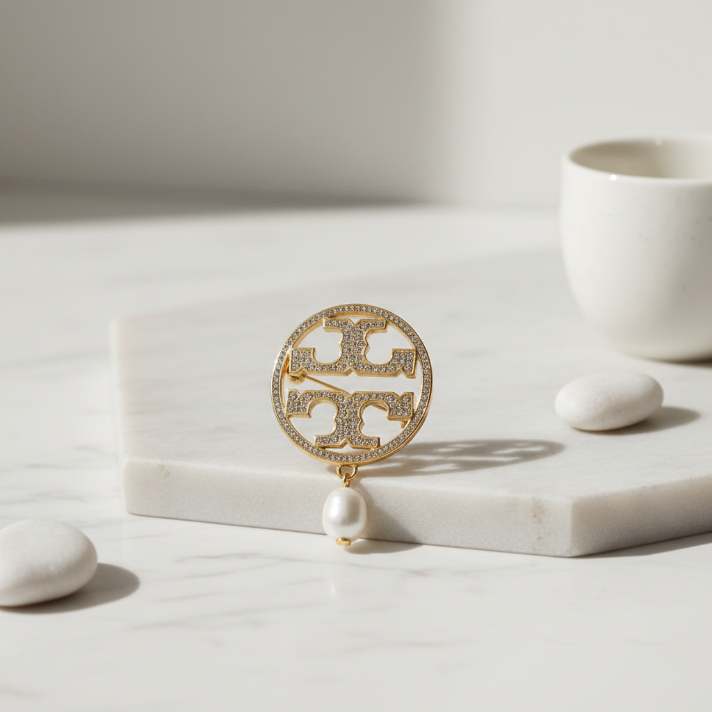 Tory Burch Miller Pave Brooch on marble surface, editorial lifestyle shot