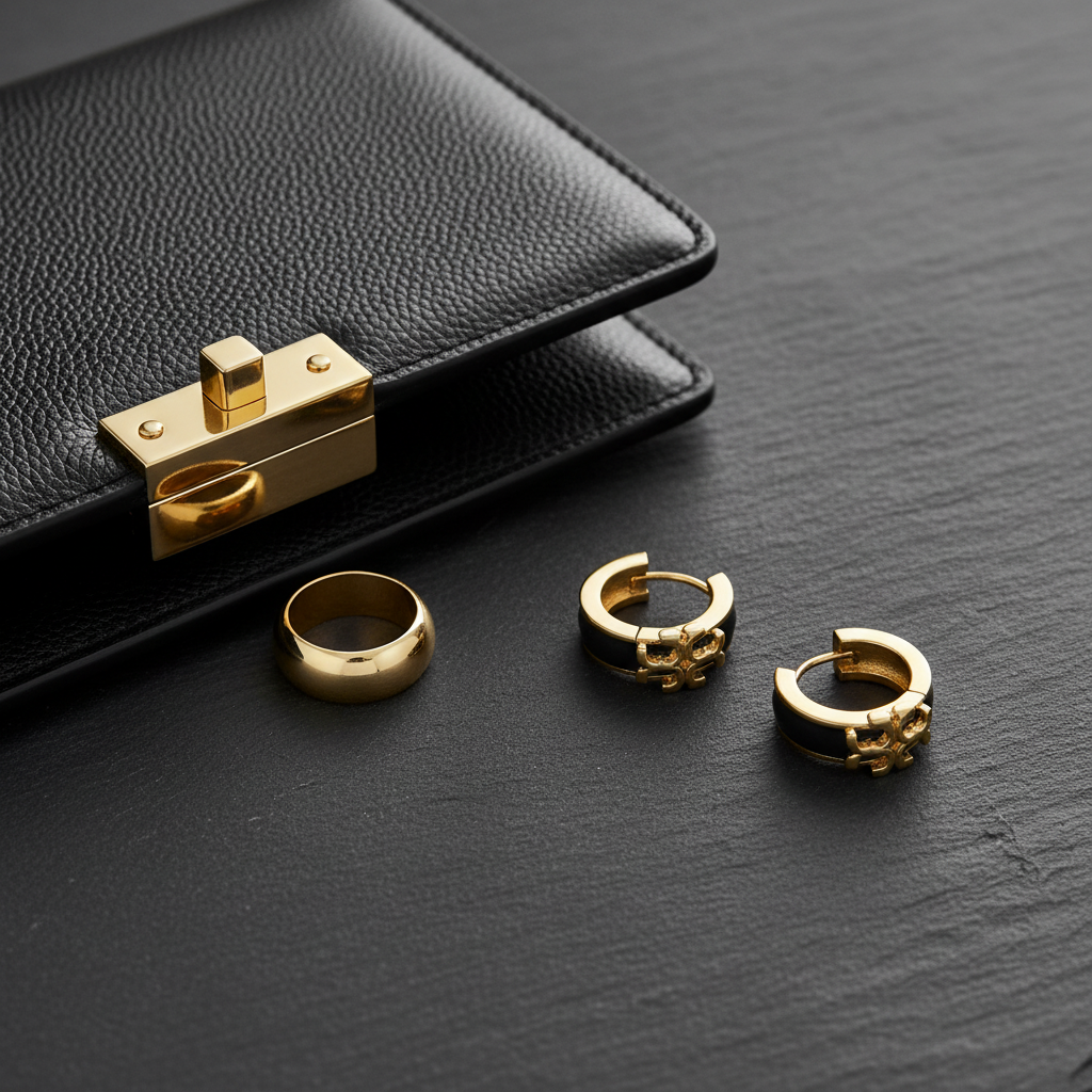 Tory Burch Icon Enamel Hoop Earrings in Black/Gold - dark slate editorial with leather clutch