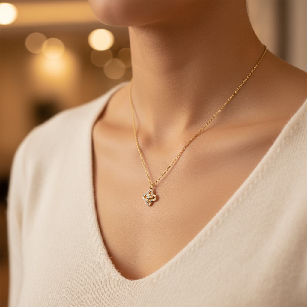 Tory Burch Kira Clover Pave Pendant Necklace collarbone close-up