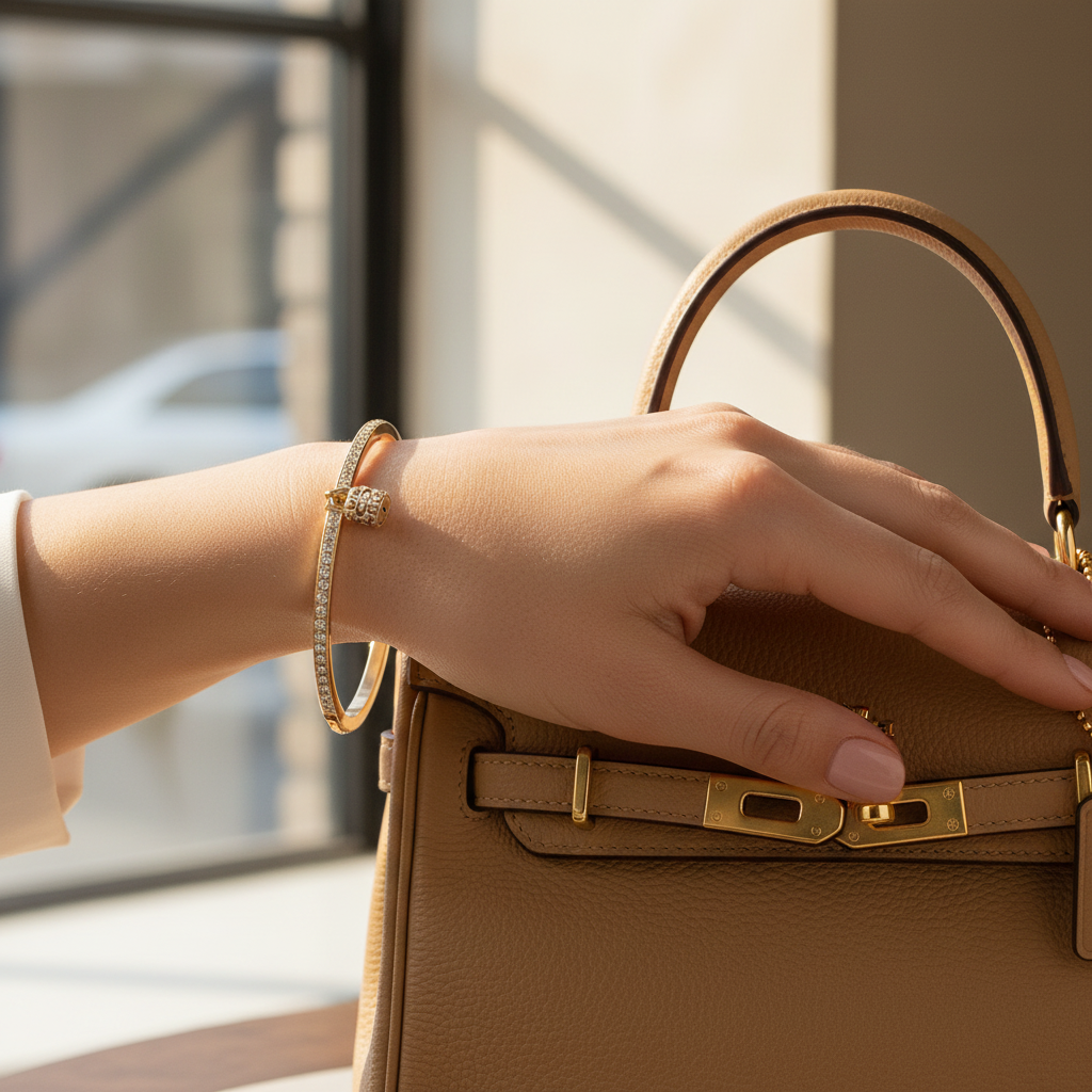 Coach Faux Stone Padlock Bangle styled on wrist with handbag