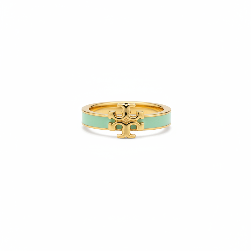 Tory Burch Kira Enamel Ring in Gold and Mint - clean product shot