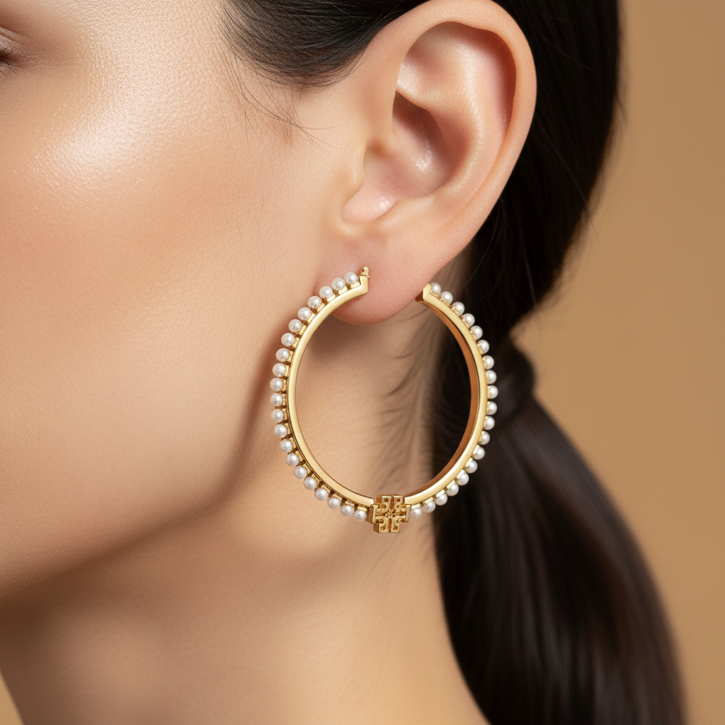Tory Burch Logo Pearl Hoop Earrings Large – macro detail lifestyle
