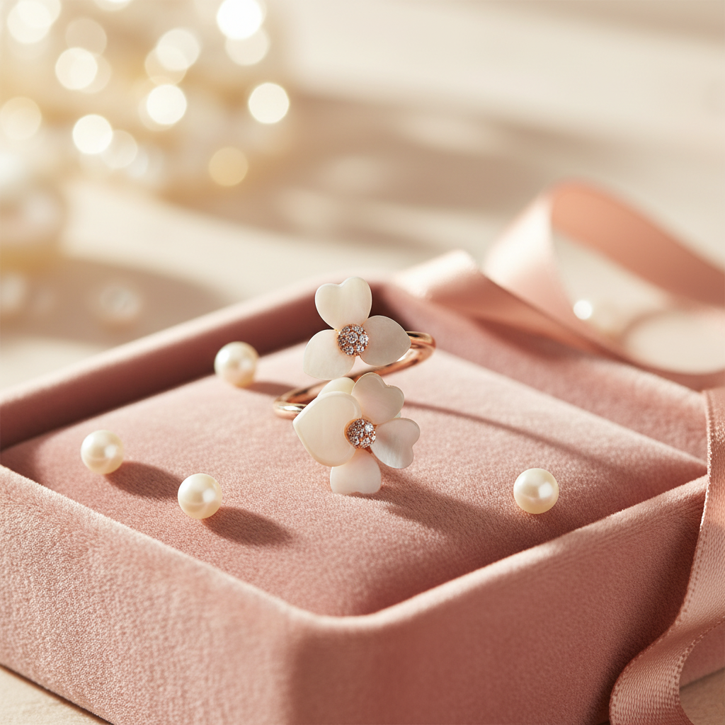 Kate Spade Precious Pansy Wrap Ring on pink velvet jewelry tray