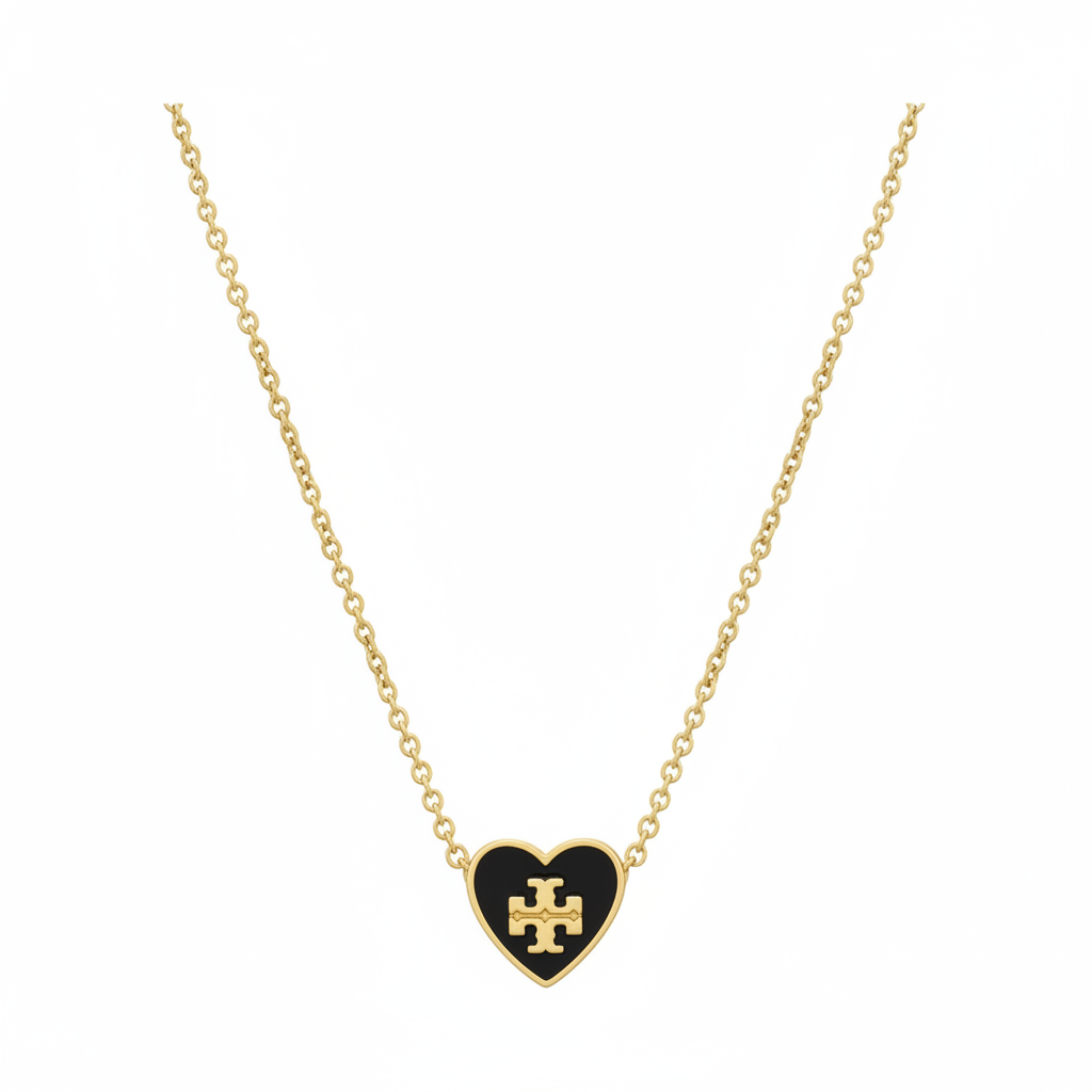 Tory Burch Kira Black Enamel Heart Pendant Necklace - clean product shot