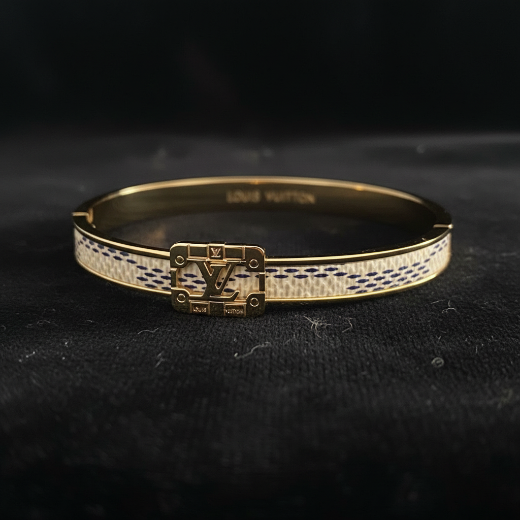 LV Damier Azur Bangle moody close-up on dark velvet