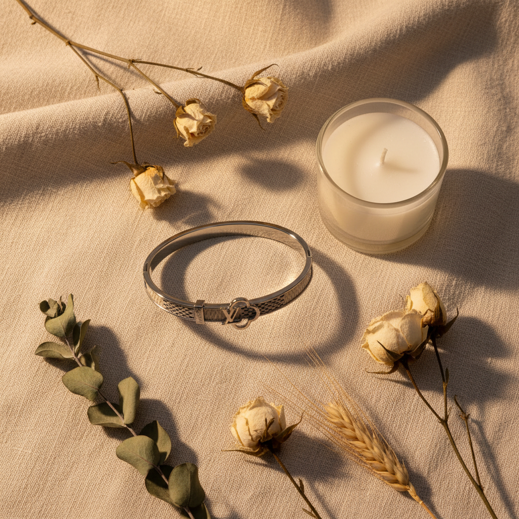 LV Damier Azur silver bangle bracelet styled with flowers and candle