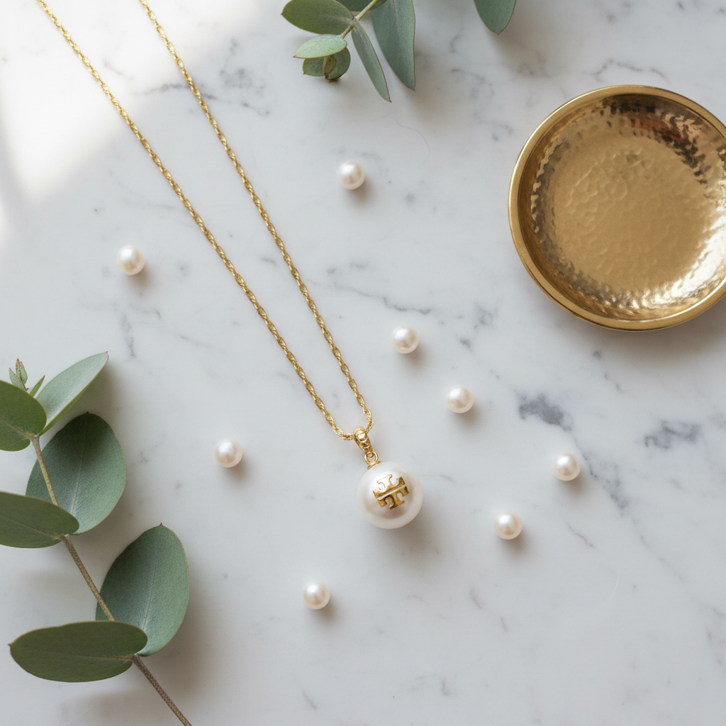 Tory Burch Pearl Necklace - marble flat lay