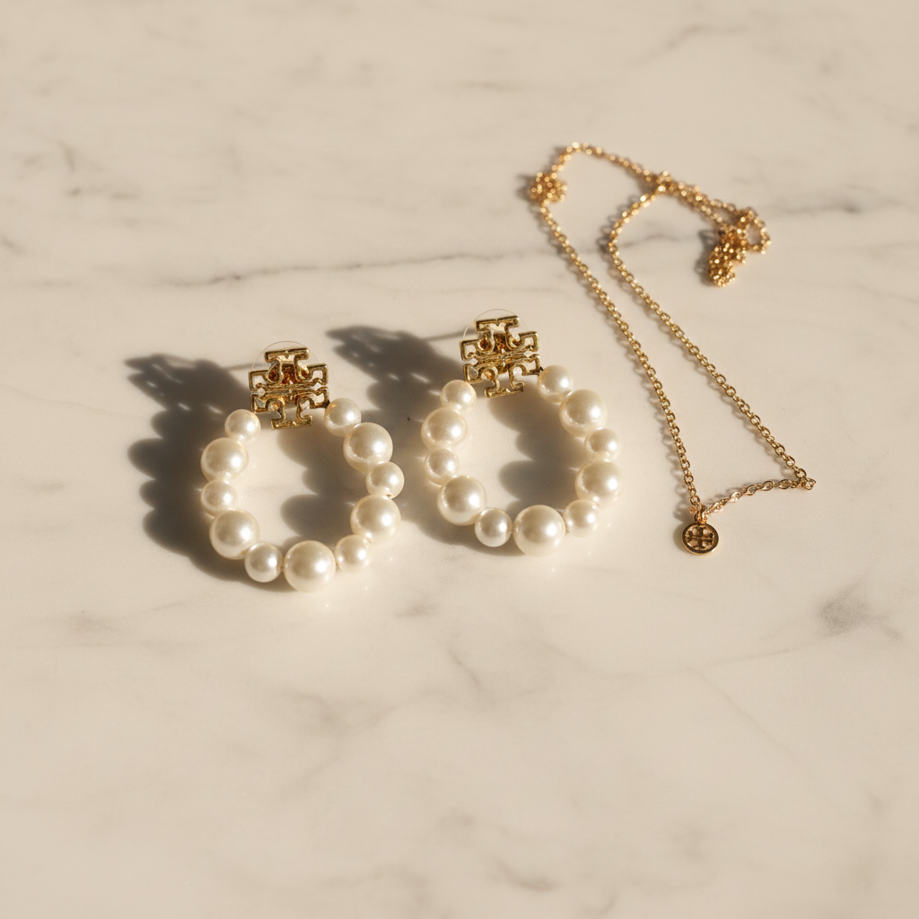 Tory Burch Britten Pearl Statement Earrings styled flat lay