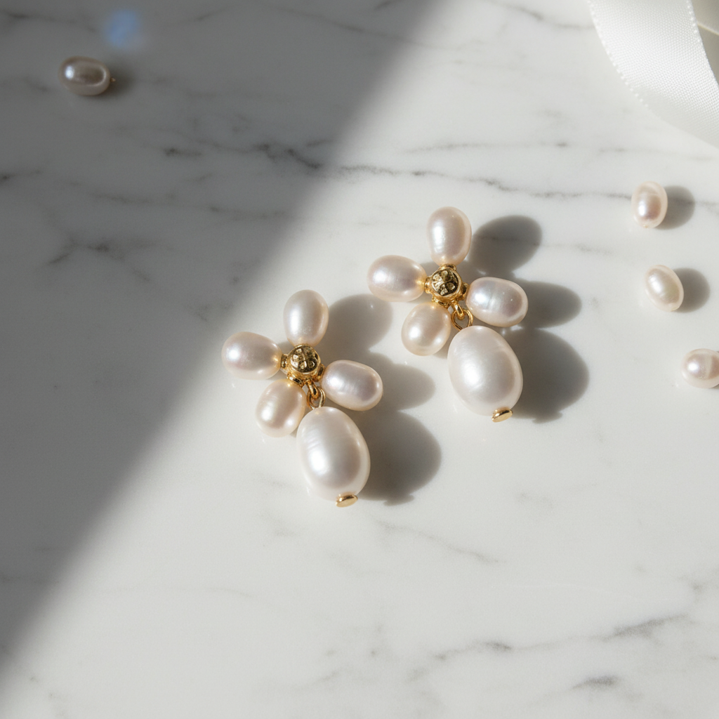 Tory Burch freshwater pearl drop earrings flat lay on white marble