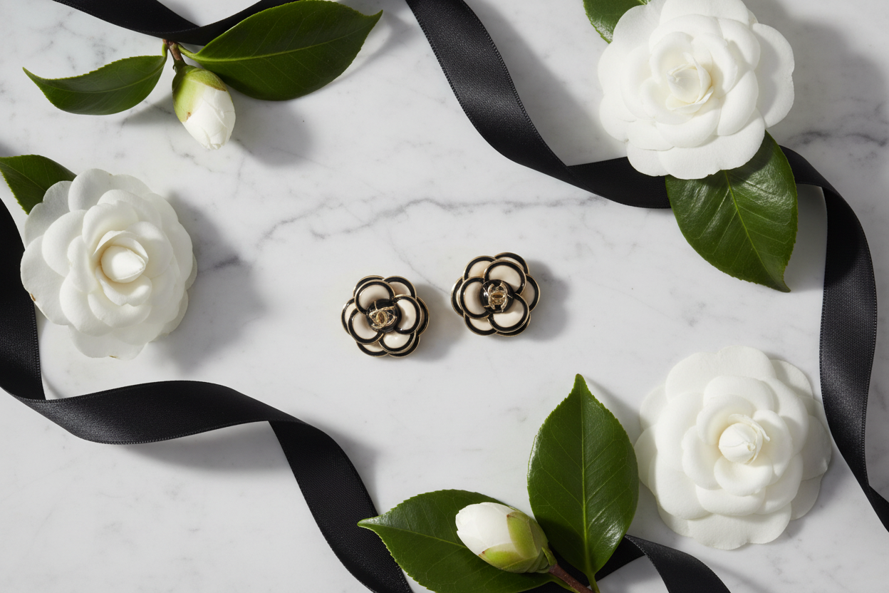 Chanel Enamel Camellia CC Logo Earrings marble flat lay with camellia flowers