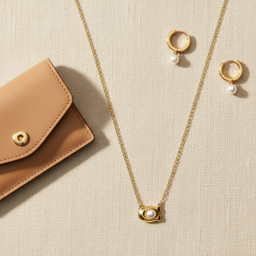 Coach C Signature pearl necklace styled flat lay