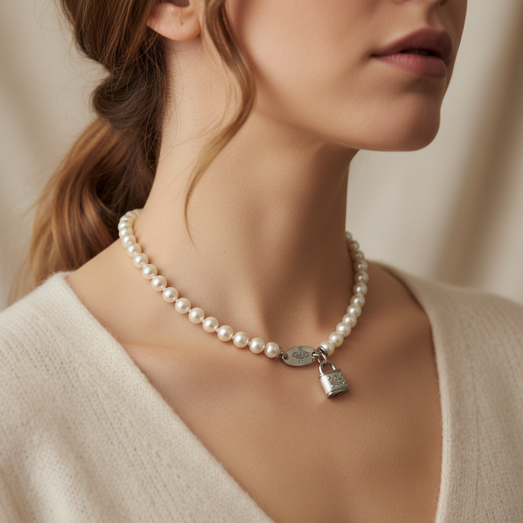 Vivienne Westwood Padlock Pearl Necklace worn on neck