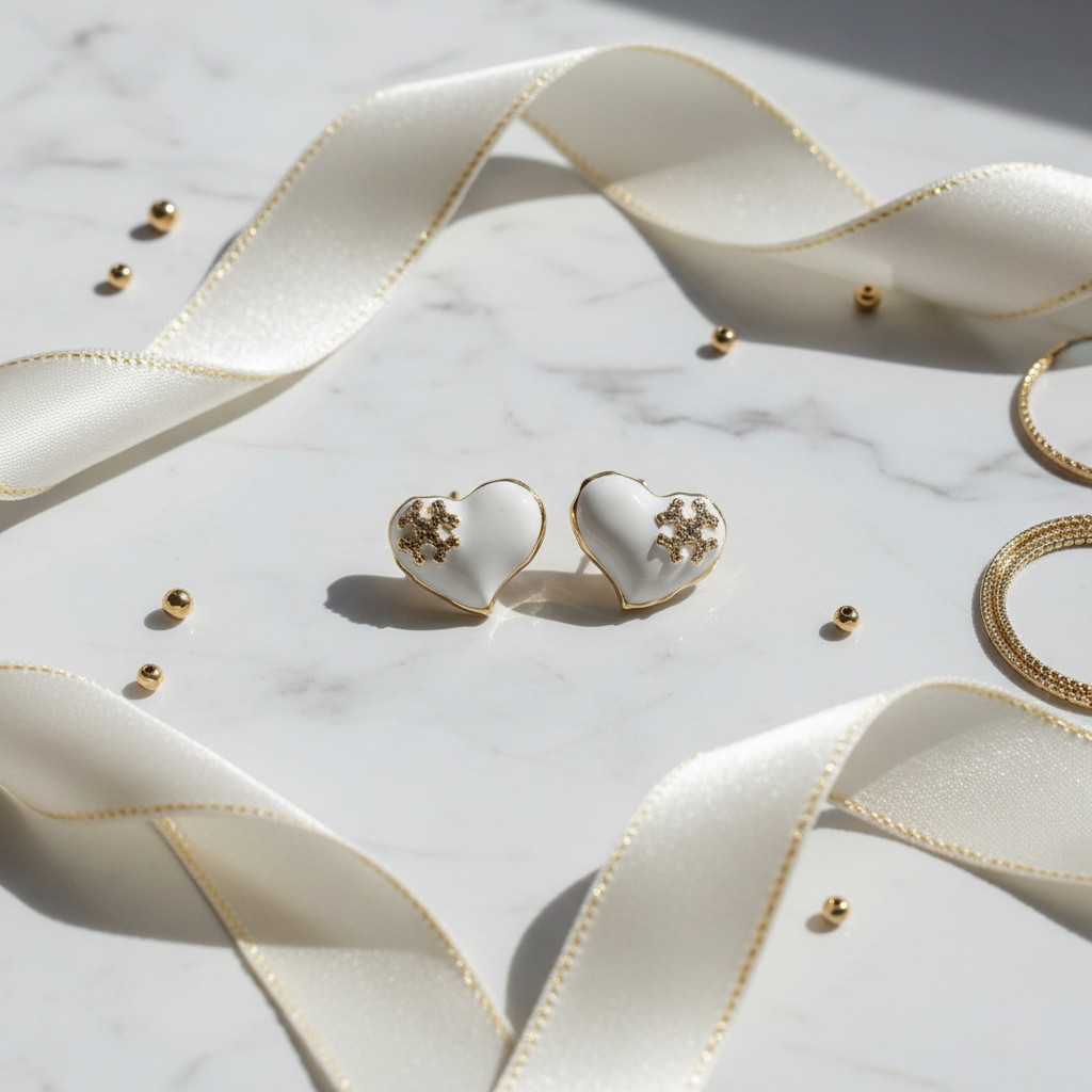 Tory Burch Kira Heart White Enamel Earrings - Marble Flat Lay