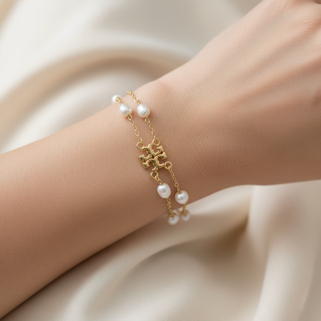 Tory Burch Kira Pearl Double Row Bracelet worn on wrist