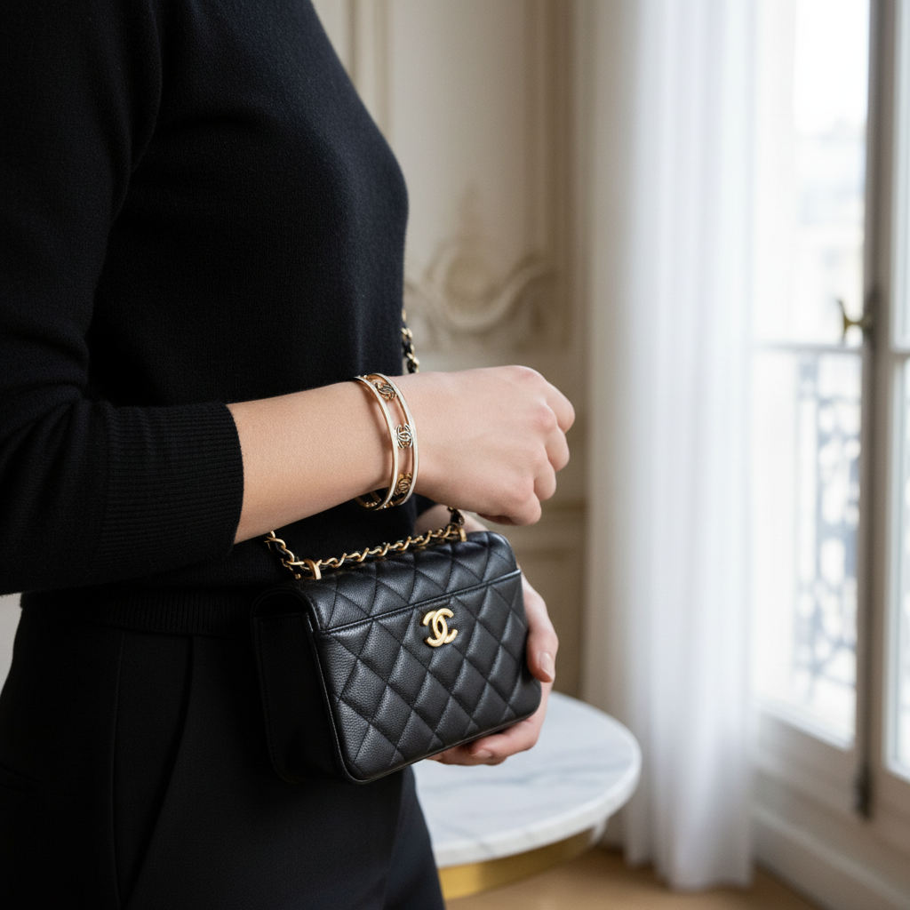 Chanel CC Logo Cuff Bracelet Parisian chic wrist shot – lifestyle editorial