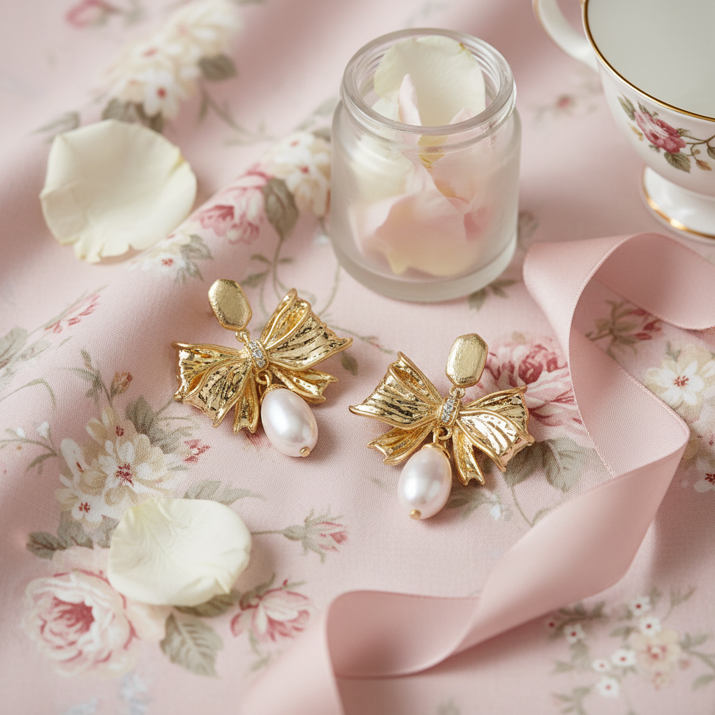 Kendra Scott x LoveShackFancy Pearl Bow Earrings floral flat lay