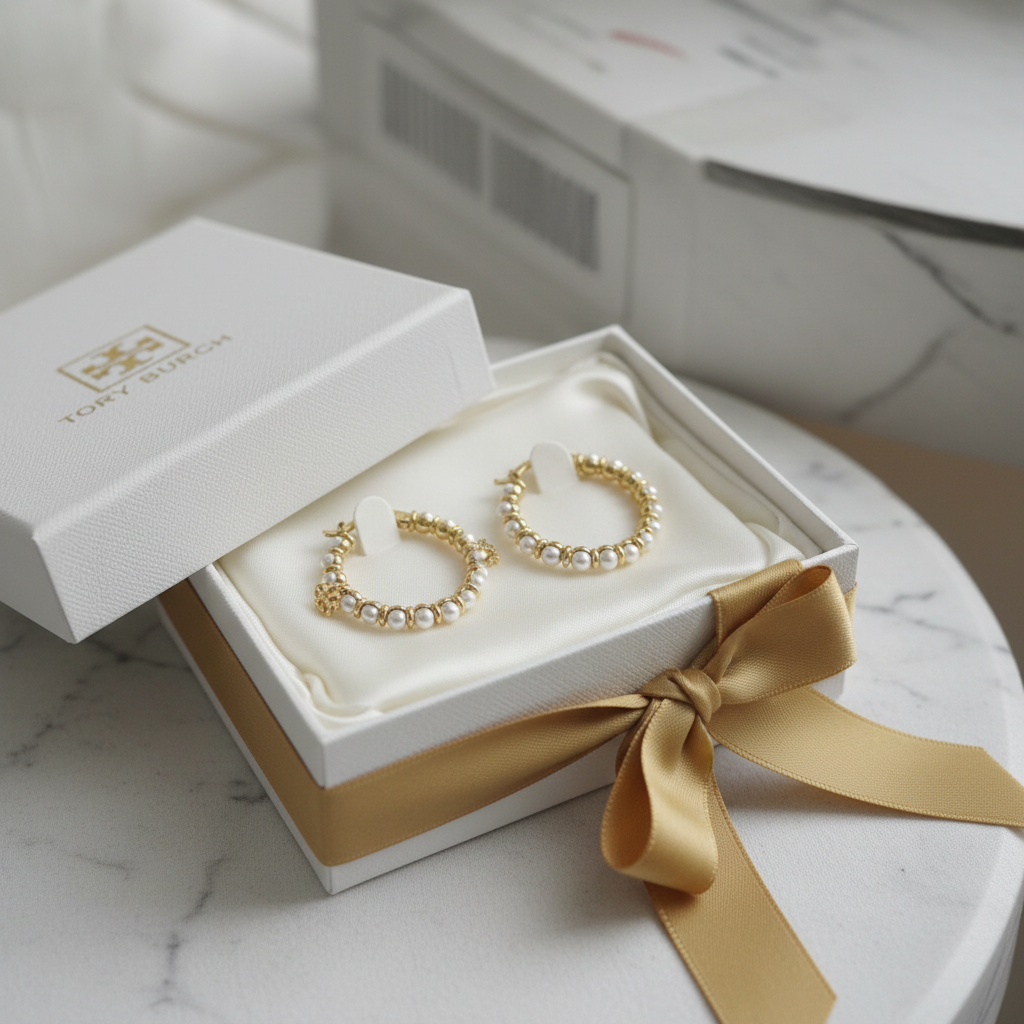 Tory Burch Kira Imitation Pearl Hoop Earrings - Luxury Gift Box
