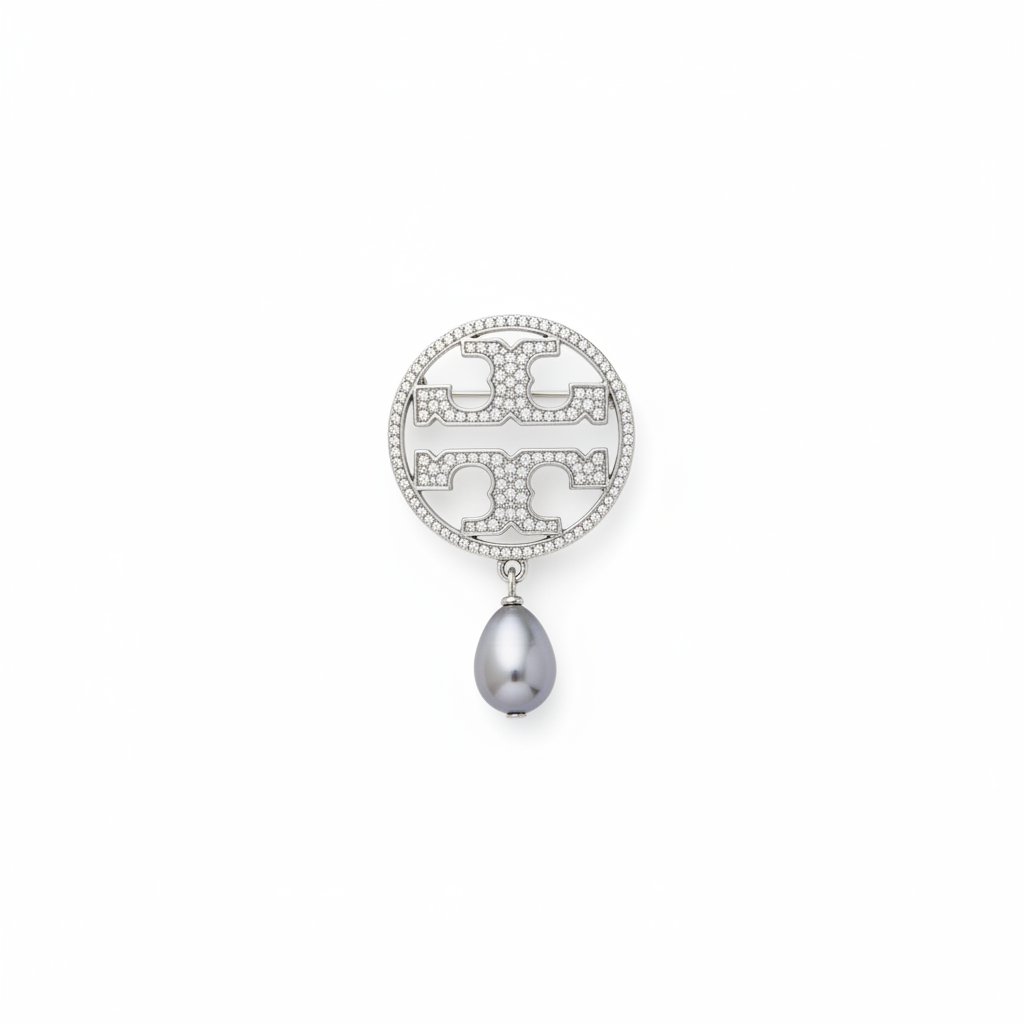 Tory Burch Miller Pave Logo and Gray Pearl Brooch