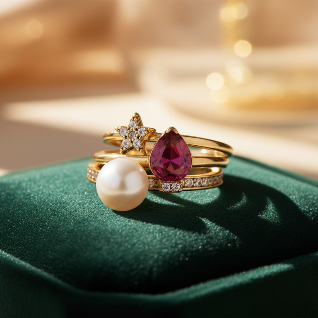 Kate Spade Light Up the Room Stackable Ring Set on dark green velvet tray