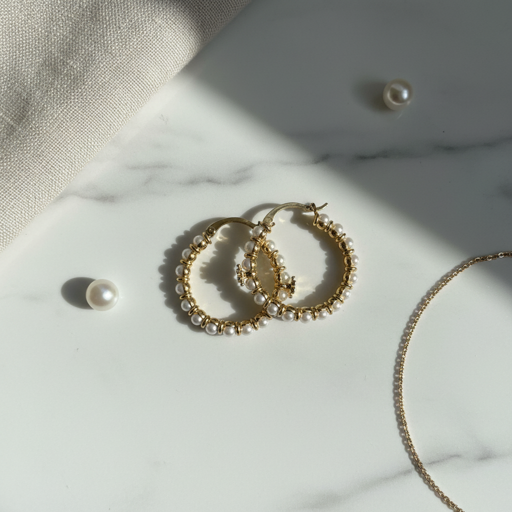 Tory Burch Kira Imitation Pearl Hoop Earrings - White Marble Flat Lay