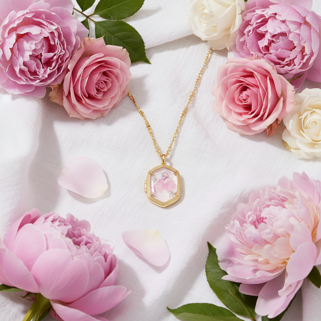 Kendra Scott x LoveShackFancy Daphne Gold Locket Necklace in Marie Pink Blooming Heirloom Illusion – floral flat lay